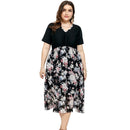 V-neck Short Sleeve High Waist Slim Chiffon Stitching Plus Size Dress (Color:As Show Size:XXXXXL)