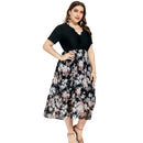 V-neck Short Sleeve High Waist Slim Chiffon Stitching Plus Size Dress (Color:As Show Size:XXXXXL)