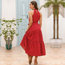 Sleeveless Hanging Neck Printed Chiffon Dress (Color:Red Size:M)