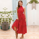 Sleeveless Hanging Neck Printed Chiffon Dress (Color:Red Size:M)
