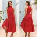 Sleeveless Hanging Neck Printed Chiffon Dress (Color:Red Size:M)
