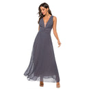 V-neck Pleated Dress Evening Dress (Color:Dark Gray Size:XXL)