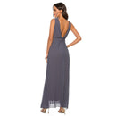 V-neck Pleated Dress Evening Dress (Color:Dark Gray Size:XXL)