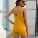 2 In 1 Solid Color Hollow Smock Knit Vest Swimsuit Set (Color:Yellow Size:M)