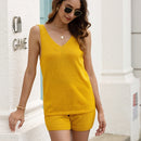 2 In 1 Solid Color Hollow Smock Knit Vest Swimsuit Set (Color:Yellow Size:L)