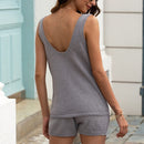 2 In 1 Solid Color Hollow Smock Knit Vest Swimsuit Set (Color:Grey Size:XL)