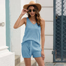2 In 1 Solid Color Hollow Smock Knit Vest Swimsuit Set (Color:Blue Size:XL)
