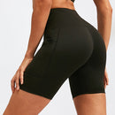 High Waist Yoga Slant Pocket Exercise Quick Dry Tight Elastic Fitness Shorts (Color:Black Size:S)