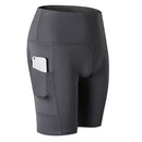 High Waist Yoga Slant Pocket Exercise Quick Dry Tight Elastic Fitness Shorts (Color:Grey Size:S)