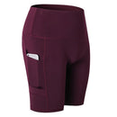 High Waist Yoga Slant Pocket Exercise Quick Dry Tight Elastic Fitness Shorts (Color:Wine Red Size:M)