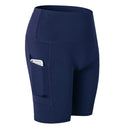 High Waist Yoga Slant Pocket Exercise Quick Dry Tight Elastic Fitness Shorts (Color:Navy Size:L)