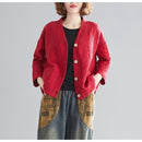 Cotton And Linen Short Cardigan Jacket (Color:Red Size:Free Size)