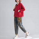 Cotton And Linen Short Cardigan Jacket (Color:Red Size:Free Size)