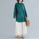 Retro Literary Plaid Long-sleeved Shirt Women Mid-length Jacket Shirt (Color:Green Size:XXL)