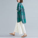 Retro Literary Plaid Long-sleeved Shirt Women Mid-length Jacket Shirt (Color:Green Size:XXL)