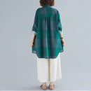 Retro Literary Plaid Long-sleeved Shirt Women Mid-length Jacket Shirt (Color:Green Size:XXL)