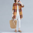 Retro Literary Plaid Long-sleeved Shirt Women Mid-length Jacket Shirt (Color:Yellow Size:XL)