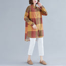 Retro Literary Plaid Long-sleeved Shirt Women Mid-length Jacket Shirt (Color:Yellow Size:XXL)