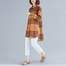 Retro Literary Plaid Long-sleeved Shirt Women Mid-length Jacket Shirt (Color:Yellow Size:XXL)