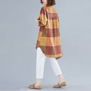 Retro Literary Plaid Long-sleeved Shirt Women Mid-length Jacket Shirt (Color:Yellow Size:XXL)