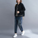 Loose Literary Long-sleeved Baseball Collar Short Jacket (Color:Black Size:L)