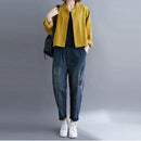 Loose Single-breasted Cotton Twill Gauze Jacket (Color:Yellow Size:Free Size)