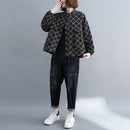 Women Loose Plus Size Slimming Plaid Short Coat (Black)