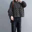 Women Loose Plus Size Slimming Plaid Short Coat (Black)