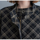Women Loose Plus Size Slimming Plaid Short Coat (Black)