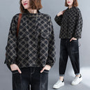 Women Loose Plus Size Slimming Plaid Short Coat (Black)