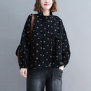 Loose Large Size Print Retro Western Style Slim Collar Casual Dot Jacket (Black)