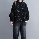 Loose Large Size Print Retro Western Style Slim Collar Casual Dot Jacket (Black)