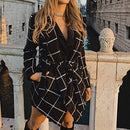 Checked Texture Color Matching Woolen Coat Mid-length Trench Coat Women (Color:Black Size:XXXXXL)