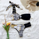 Ladies One-shoulder Printed Swimsuit Split Bikini (Color:Black Size:S)