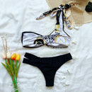 Ladies One-shoulder Printed Swimsuit Split Bikini (Color:Black Size:S)