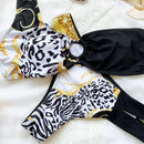 Ladies One-shoulder Printed Swimsuit Split Bikini (Color:Black Size:S)