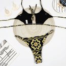 Retro Print Bikini Split Swimsuit (Color:Black Size:M)