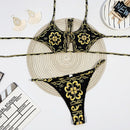 Retro Print Bikini Split Swimsuit (Color:Black Size:L)