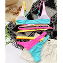 Cross Color Block Bikini Split Strap Swimsuit (Color:Red+Yellow Size:S)