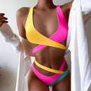 Cross Color Block Bikini Split Strap Swimsuit (Color:Red+Yellow Size:M)