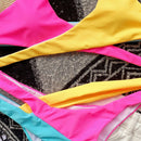 Cross Color Block Bikini Split Strap Swimsuit (Color:Red+Yellow Size:M)