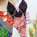 One-piece Open Back Swimsuit Snake Print Beach Bikini (Color:Orange Size:S)