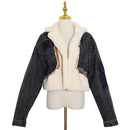 Plush Thick Denim Stitching Lamb Fur Lapel Cotton Jacket (Color:Black Size:S)