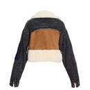 Plush Thick Denim Stitching Lamb Fur Lapel Cotton Jacket (Color:Black Size:M)