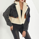 Plush Thick Denim Stitching Lamb Fur Lapel Cotton Jacket (Color:Black Size:L)