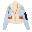 Plush Thick Denim Stitching Lamb Fur Lapel Cotton Jacket (Color:Blue Size:XXL)