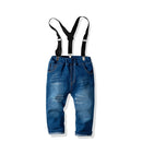 Children Long-sleeved Shirt + Denim Suspenders And Trousers Two-piece Suit (Color:Blue Size:100)
