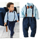 Boys Cotton Long-sleeved Shirt + Suspenders Trousers Suit (Color:Dark Blue Size:90)