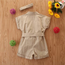 Girls Short-sleeved Single-breasted Jumpsuit (Color:Khaki Size:140)