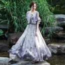 Chiffon Retro Print Slim Long Dress (Color:Gray Size:L)